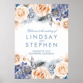 Poster Sinal de Boas-vindas de Wreath Floral Azul e Peach