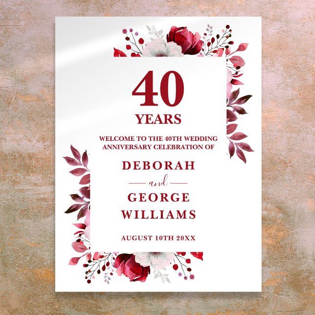 Poster Sinal de boas-vindas do 40º aniversário do casamen (Ruby 40th Elegant Wedding Anniversary Welcome Sign)