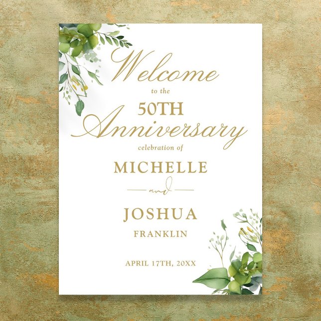 Poster Sinal de Boas-vindas do 50º Aniversário de Casamen (Greenery 50th Wedding Anniversary Welcome Sign)