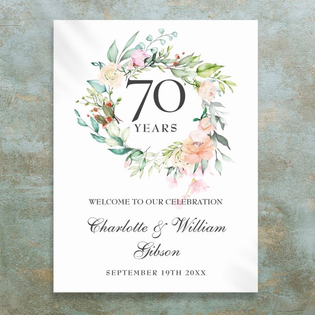 Poster Sinal de Boas-vindas do 70 Floral rosa do Aniversá (Roses Floral 70th Wedding Anniversary Welcome Sign)