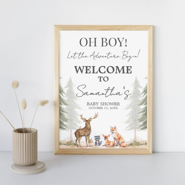 Poster Sinal de boas-vindas do Adventure Begin Chá de fra (Let the Adventure Begin Woodland Baby Shower Welcome Sign)