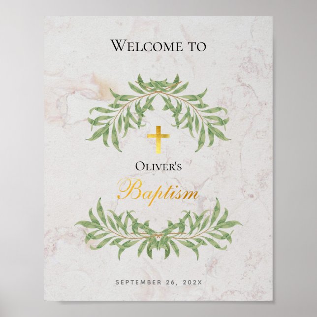 Poster Sinal de boas-vindas do Baptism Marble Foliage Fau (Frente)