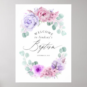 Poster Sinal de boas-vindas do Batismo Floral Rosa e Roxo