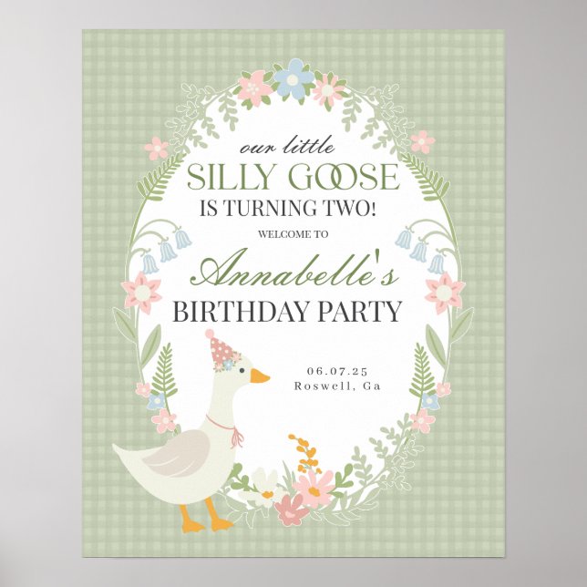 Poster Sinal de boas-vindas do Bobo Verde Goose Gingham (Frente)