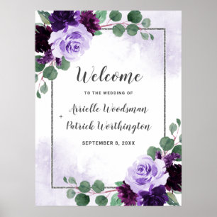 Poster Sinal de boas-vindas do Boho Floral Purple e Silve