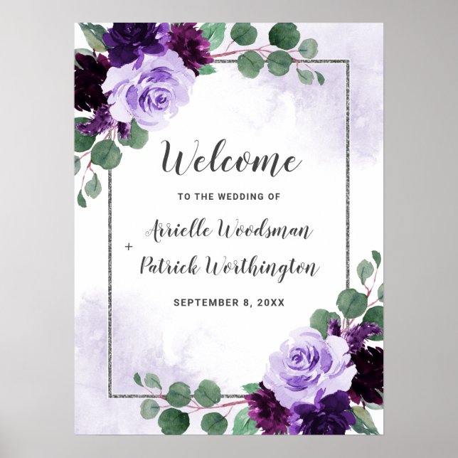 Poster Sinal de boas-vindas do Boho Floral Purple e Silve (Frente)