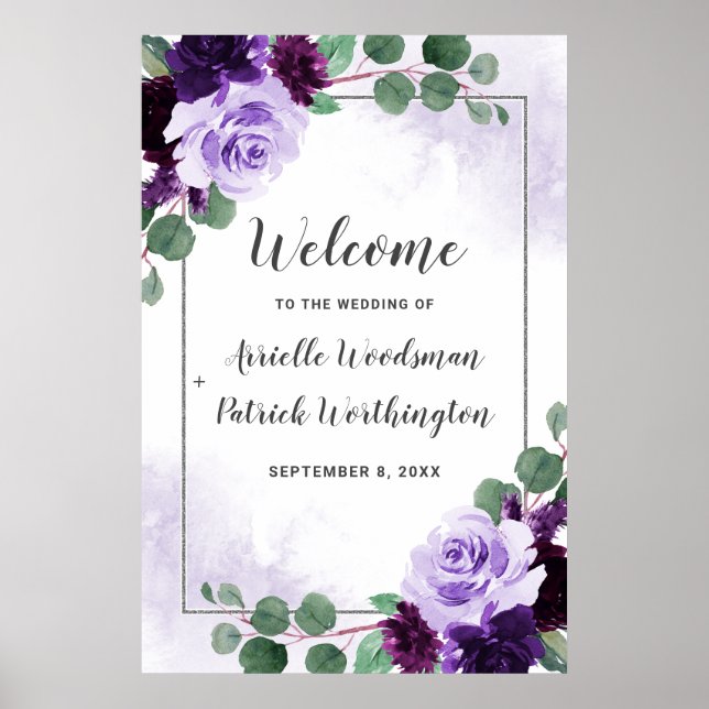 Poster Sinal de boas-vindas do Boho Floral Purple e Silve (Frente)