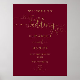 Poster Sinal de Boas-vindas do Burgundy Dourado Heart Scr
