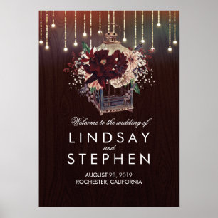 Póster Sinal de Boas-vindas do Burgundy Floral Lanterna