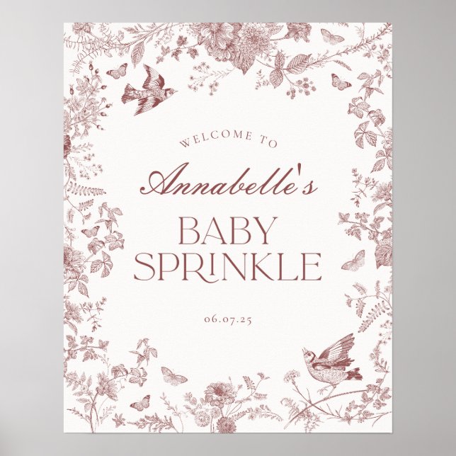 Poster Sinal de boas-vindas do Burgundy Toile Floral Baby (Frente)