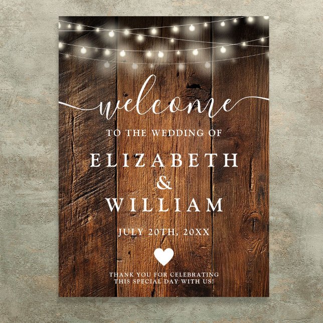 Poster Sinal de boas-vindas do casamento (Rustic Wood String Lights Wedding Welcome Sign)