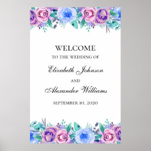 Poster Sinal de boas-vindas do casamento. Azul e roxo