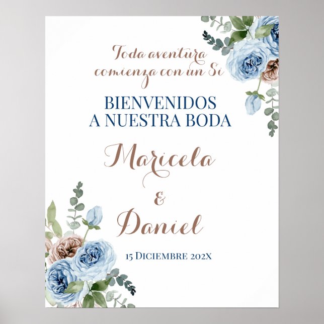 Poster Sinal de boas-vindas do Casamento Azul Espanhol (Frente)
