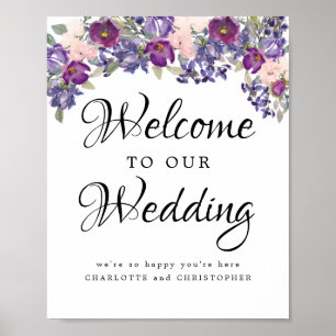 Poster Sinal de Boas-vindas do Casamento com Flores Roxas