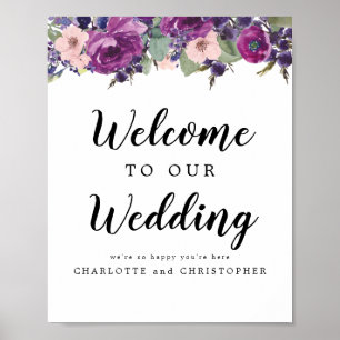 Poster Sinal de Boas-vindas do Casamento com Flores Roxas