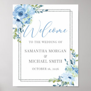 Poster Sinal de boas-vindas do casamento da prata floral 