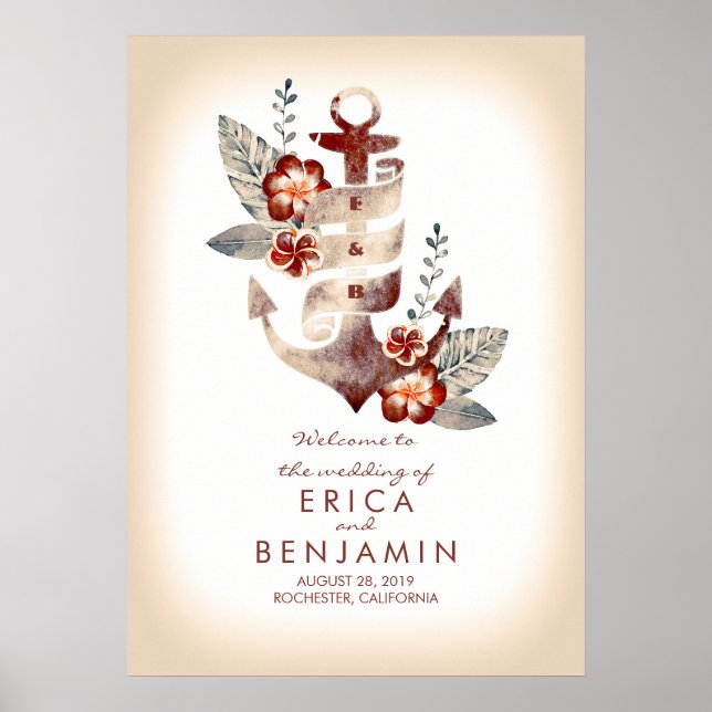 Póster Sinal de Boas-vindas do Casamento de Praia Náutica (Frente)