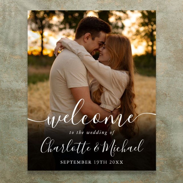 Poster Sinal de boas-vindas do casamento de script de ass (Signature Script Photo Wedding Welcome Sign)