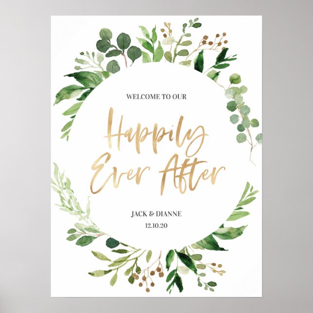Poster Sinal de Boas-vindas do Casamento Dourado Verde Fe (Frente)