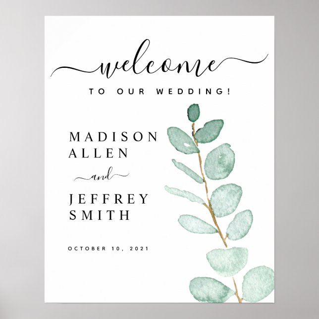 Poster Sinal de Boas-vindas do Casamento Eucalyptus Leaf (Frente)