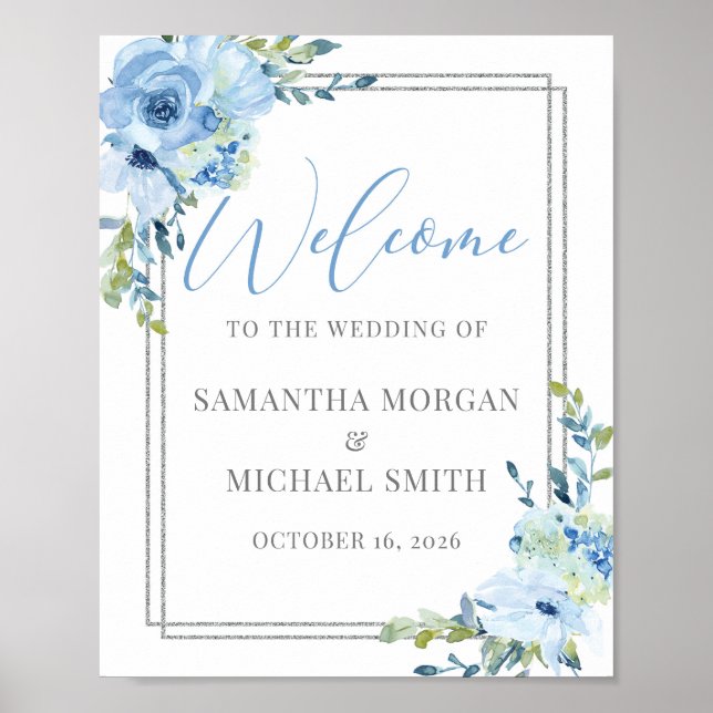 Poster Sinal de boas-vindas do casamento floral azul eleg (Frente)