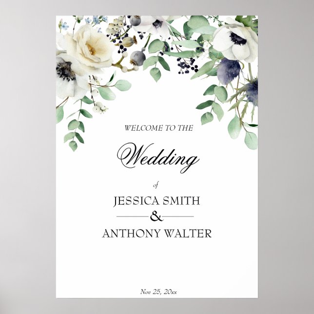 Poster Sinal de boas-vindas do casamento floral branco (Frente)