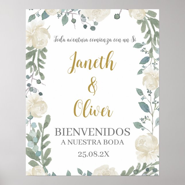 Poster Sinal de boas-vindas do casamento floral branco em (Frente)