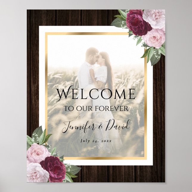 Poster Sinal de Boas-vindas do Casamento Floral Burgundy  (Frente)