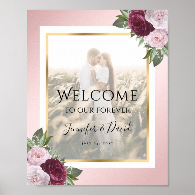 Poster Sinal de Boas-vindas do Casamento Floral Burgundy  (Frente)