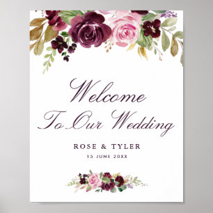 Poster sinal de boas-vindas do casamento floral com água-