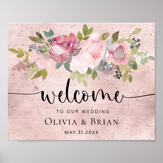 Poster Sinal de Boas-vindas do Casamento Floral de Blush  (Frente)