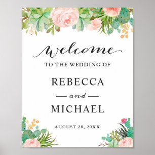 Poster Sinal de Boas-vindas do Casamento Floral de Cactus