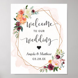 Póster Sinal de Boas-vindas do Casamento Floral de Quadro
