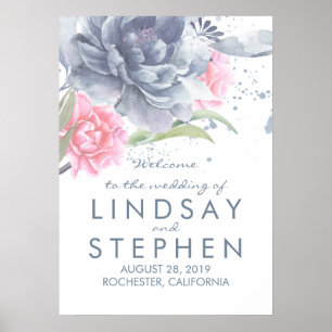 Poster Sinal de Boas-vindas do Casamento Floral Dusty Blu