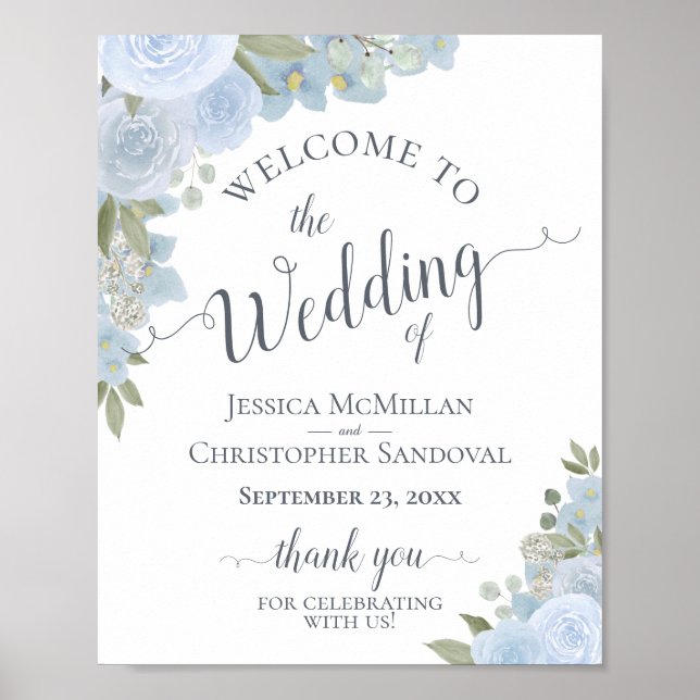 Poster Sinal de Boas-vindas do Casamento Floral Dusty Blu (Frente)