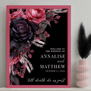 Poster Sinal de boas-vindas do Casamento Floral Negro Gót