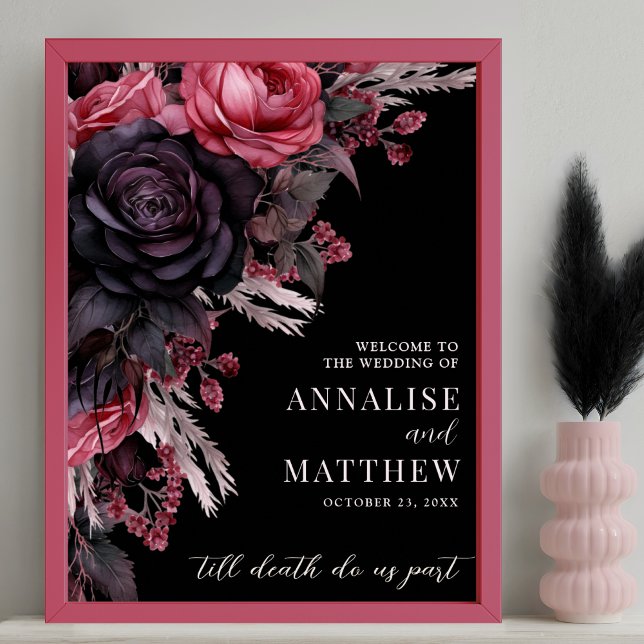 Poster Sinal de boas-vindas do Casamento Floral Negro Gót (Gothic Black Floral Wedding Welcome Sign)