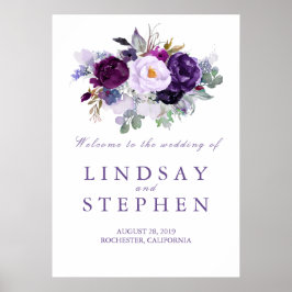 Póster Sinal de boas-vindas do Casamento Floral Purple
