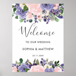 Poster Sinal de boas-vindas do Casamento Floral Purple da