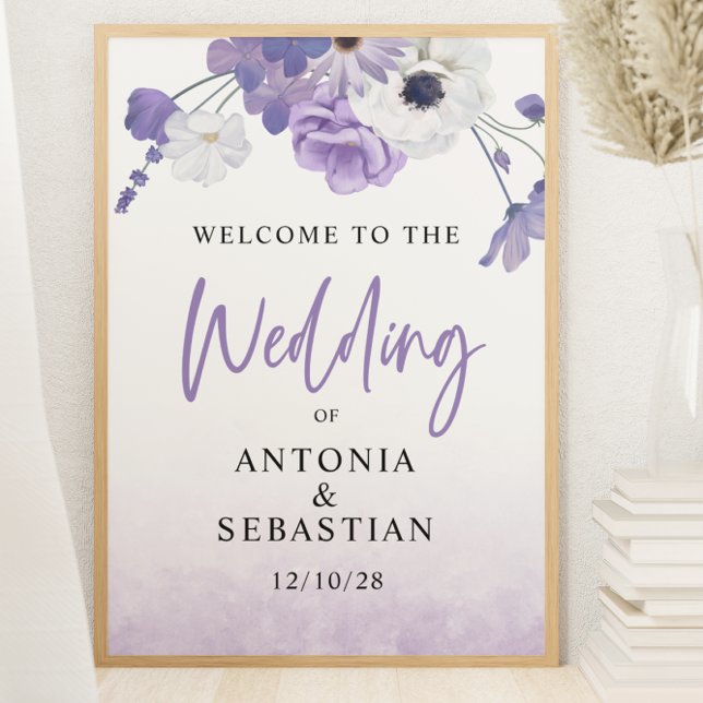 Poster Sinal de Boas-vindas do Casamento Floral Purple Po (Criador carregado)