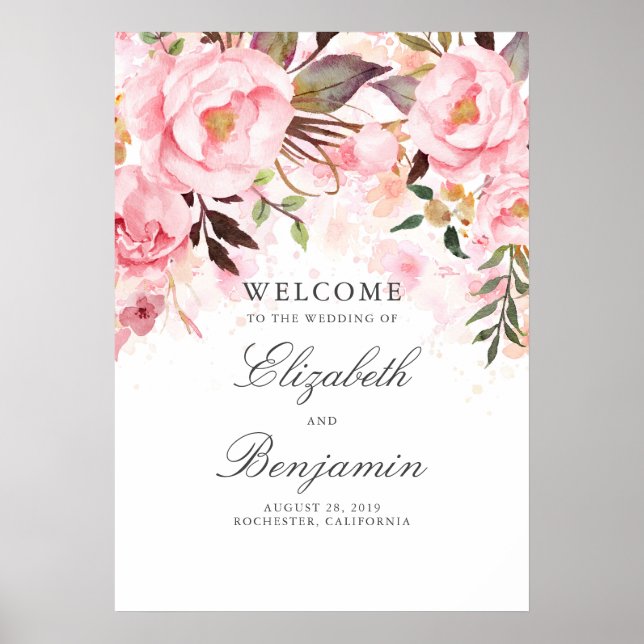 Poster Sinal de boas-vindas do Casamento Floral Rosa (Frente)