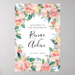 Poster Sinal de boas-vindas do Casamento Floral Rosa, Boa