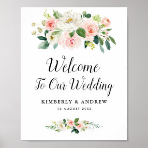Poster sinal de boas-vindas do casamento floral rosa mode