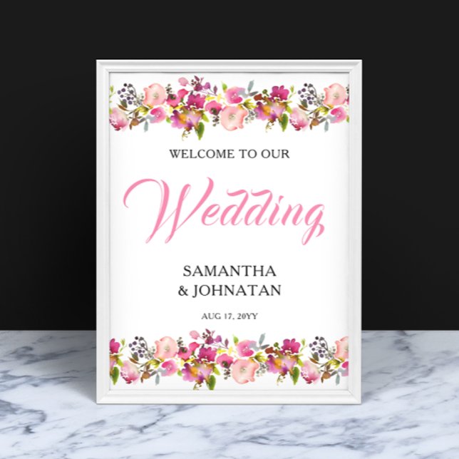 Poster Sinal de boas-vindas do Casamento Floral Rosa Post (Criador carregado)