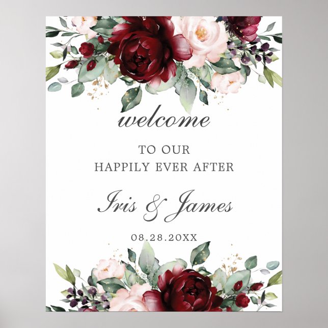 Poster Sinal de boas-vindas do Casamento Floral Rustic Bu (Frente)