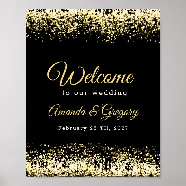 Poster Sinal de Boas-vindas do Casamento Glitter Dourado  (Frente)