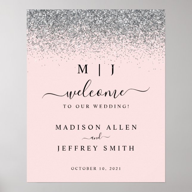 Poster Sinal de Boas-vindas do Casamento Glitter Rosa e S (Frente)