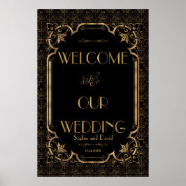 Poster Sinal de Boas-vindas do Casamento Negro Dourado Ga
