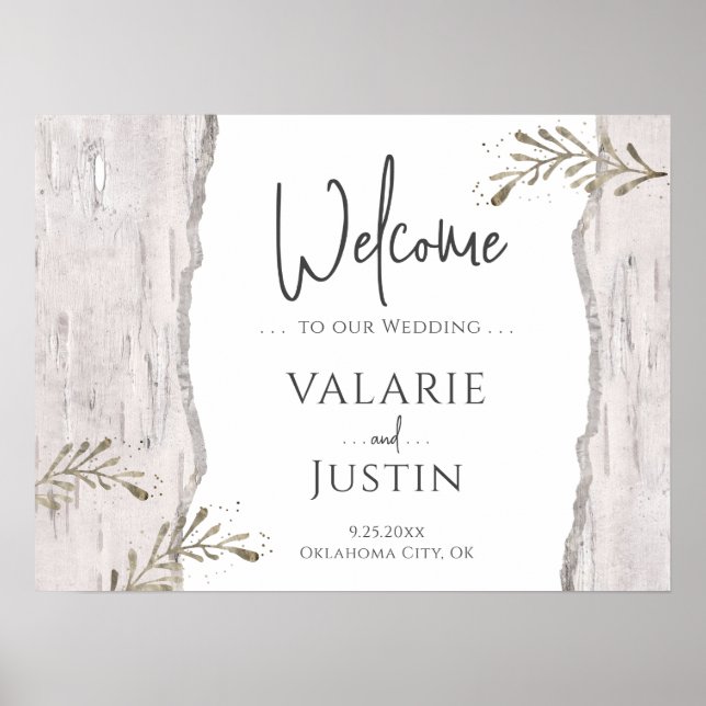 Poster Sinal de Boas-vindas do Casamento Rustic Birch Woo (Frente)