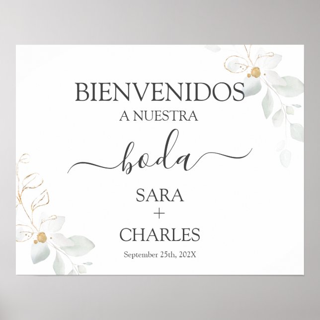 Poster Sinal de boas-vindas do casamento verde espanhol (Frente)